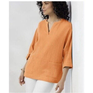 Soft Surroundings Top Women’s Sz M Orange Araza Pockets Beach Coastal Cotton EUC